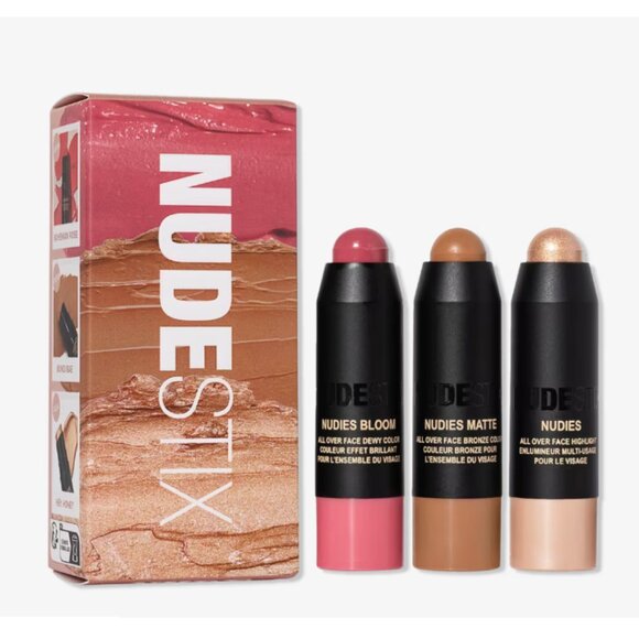 NUDESTIX ROSES N’ HONEY NUDES Blush Bronze & Glow 3-Piece Mini Nudie Kit + Case - Picture 1 of 13